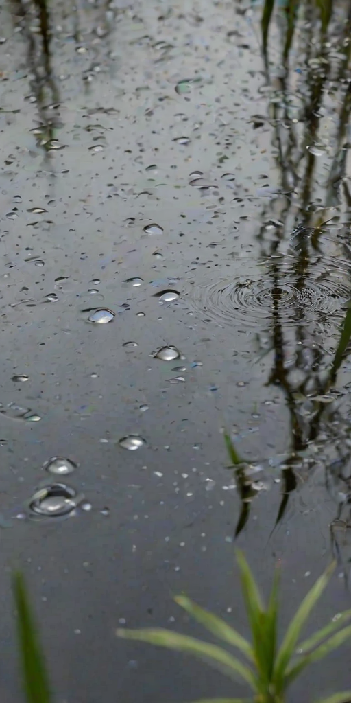 Sharp close-up of raindrops hitting the surface of a quiet pond, tiny ripples forming concentric circles, with soft reflections of overhanging trees and distant birds flying overhead.