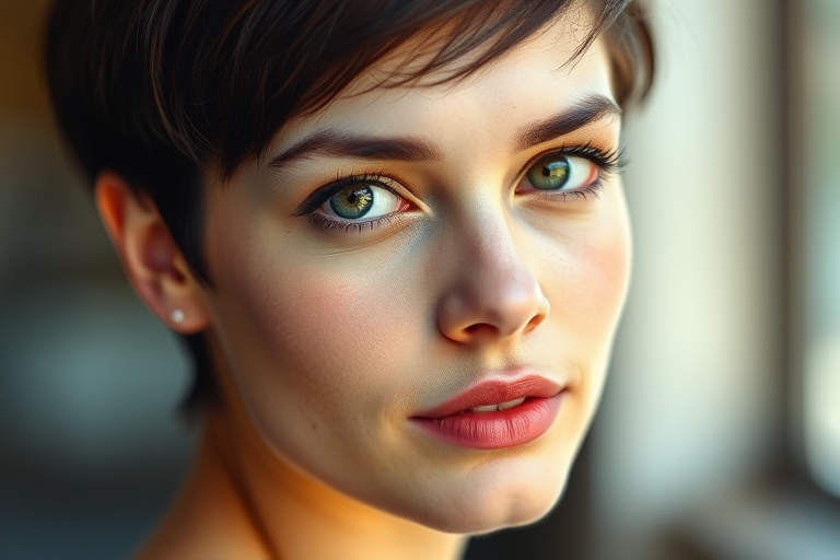 Generate a portrait of a young woman with short dark hair and striking green eyes, using a soft focus lens with a high aperture setting of f/1.8, captured in natural light to enhance colors, employing a DSLR camera at a 50mm focal length for depth of field and detail in a watercolor style.