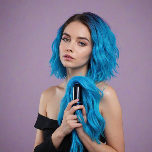 Image of a person with their hair styled upright,  in a cylinder shape. The hair  color is neon blue and appears to be held in place by a hair product, giving it a fluffy texture. The background is nondescript, and the person's face is looking at the viewer nervously.