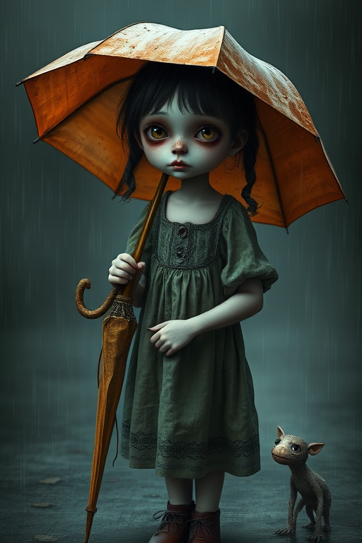 An eerie, weird little girl with dark hair in thin pigtails, wearing a smock dress, standing in the rain, holding a dirty orange umbrella, a small, odd creature beside her. In a surreal style inspired by Nicoletta Ceccoli and Brian Froud. Dark fantasy themes