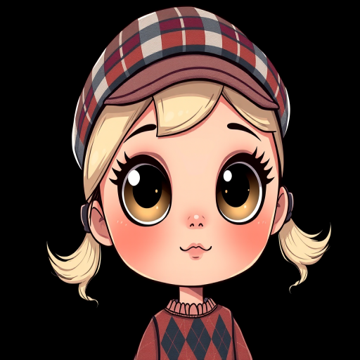 Create a high-resolution illustration of a cartoon doll character with large glossy eyes, wearing a vintage plaid cap and a diamond-patterned outfit, set against a solid black background, captured with a DSLR camera at f/2.8 aperture, ISO 100, and 50mm lens for sharp detail and vibrant color saturation.