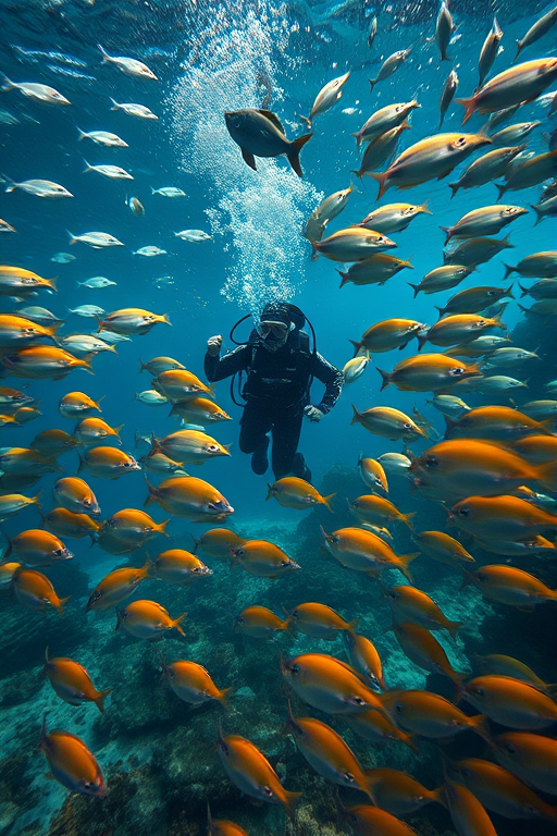 Underwater scene of a diver swimming among a school of fish, using a Canon EOS R5 camera with an 18-35mm lens, aperture f/4, ISO 400, shutter speed 1/125s, wide-angle view, high-definition quality.