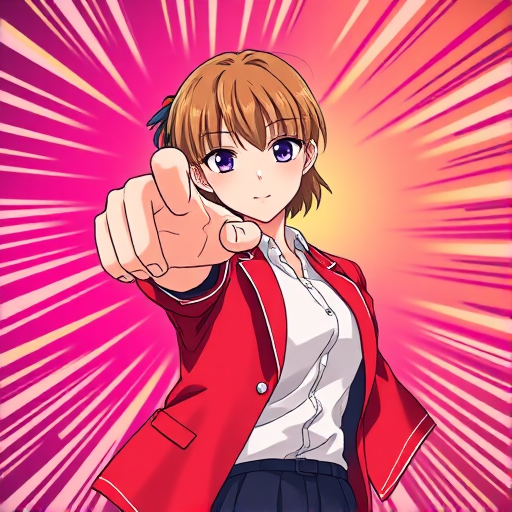 anime girl in a red blazer pointing forward, dynamic action lines in the background, bright colors, shot with a DSLR camera at f/1.8, 50mm lens, natural lighting, high resolution