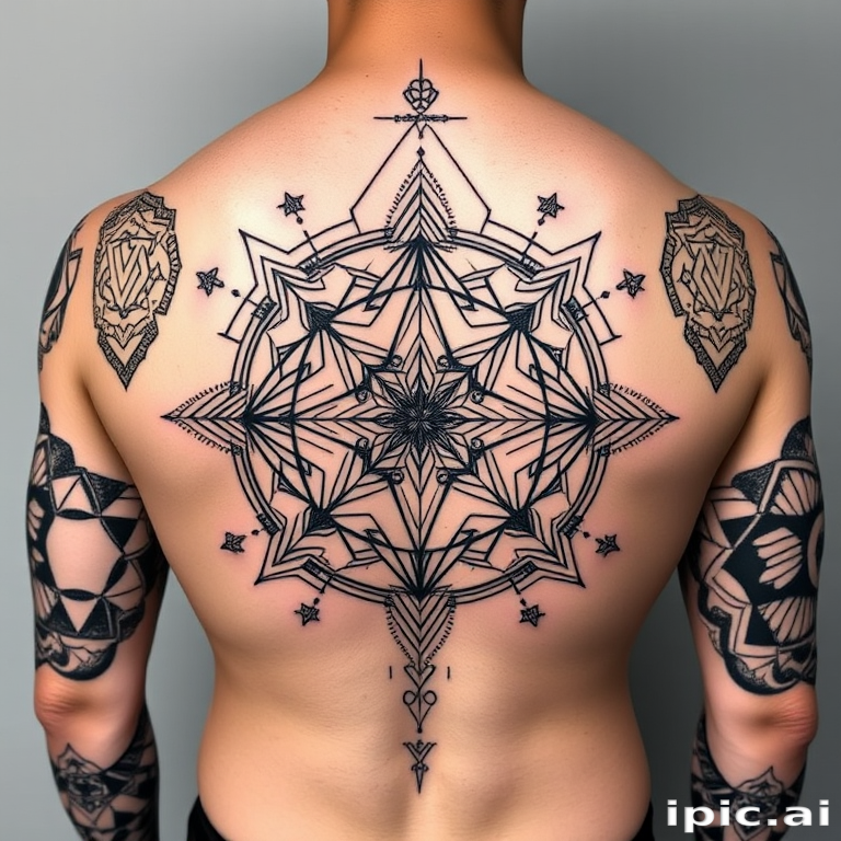 Geometric blackwork tattoo dubbed "Sacred Symmetry" featuring precise angular shapes and patterns inspired by ancient sacred geometry forming a cohesive large-scale design across the back