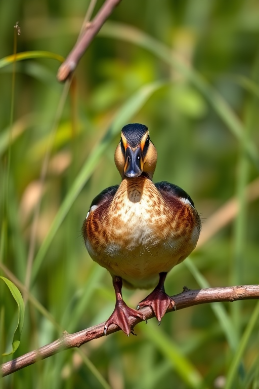 A close-up shot of a small duck standing on a branch in a lush green environment, using a DSLR camera with a 50mm lens at f/2.8, ISO 200, shutter speed 1/500 sec, natural lighting, capturing vibrant colors and fine details.