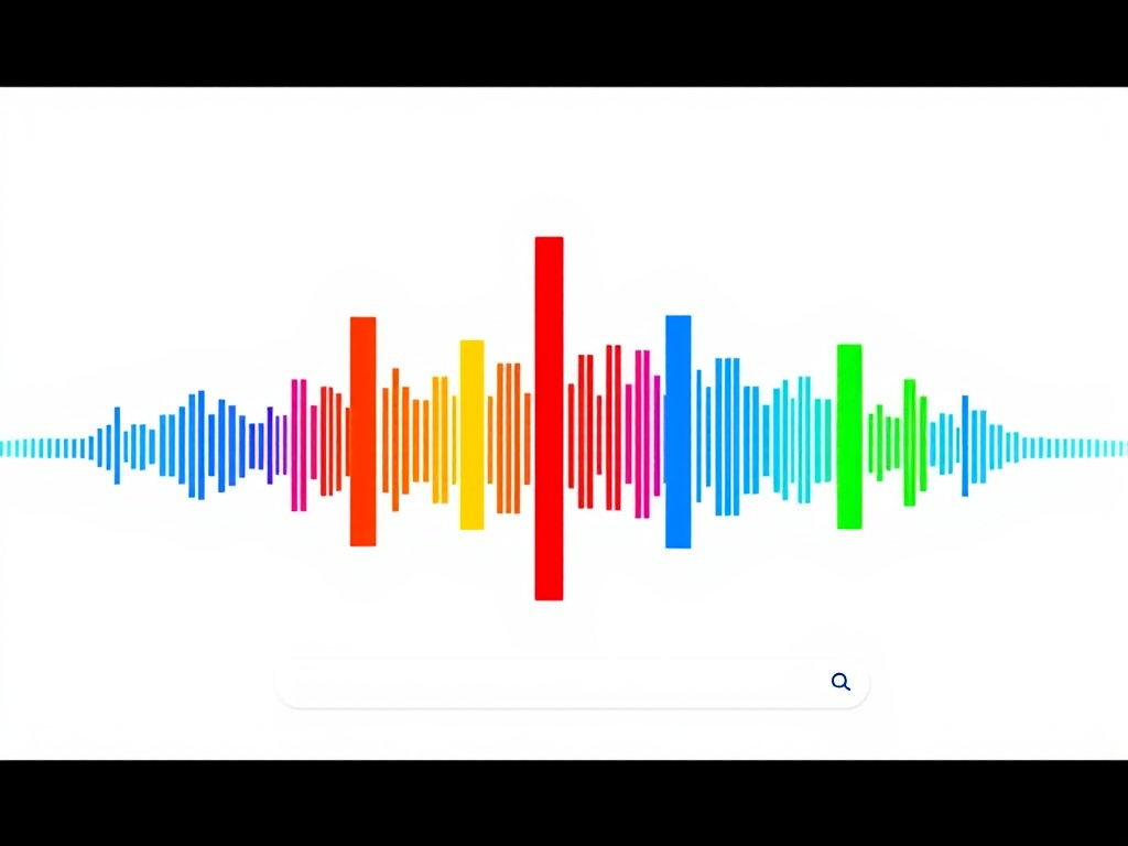 Create a minimalist digital art design featuring colorful sound wave bars in blue, red, yellow, and green against a white background, with a search bar below, using a Canon EOS R5 camera, 50mm lens, aperture f/2.8, ISO 100, shooting in HDR mode for enhanced color saturation and detail.