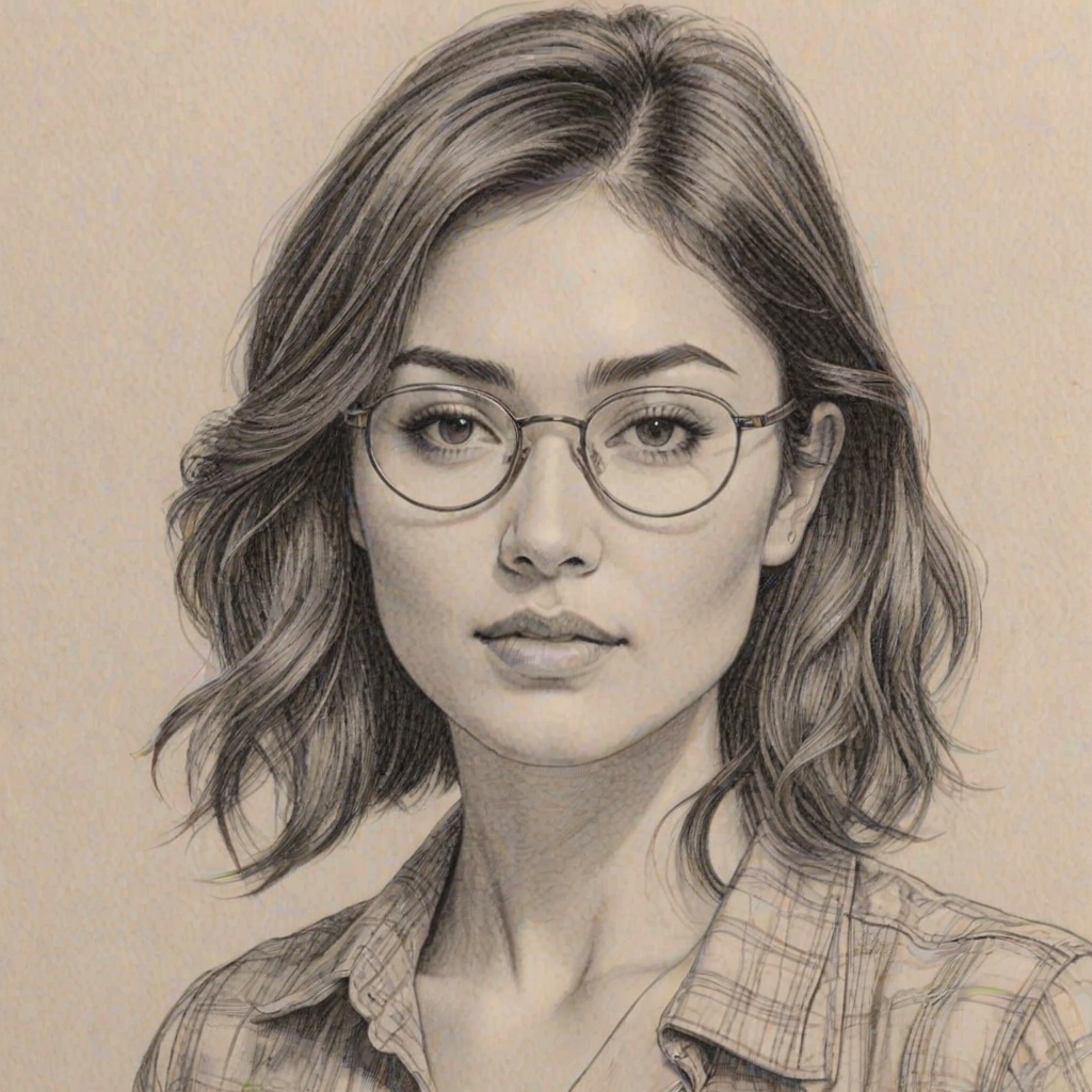 Superb Daniella Pineda, pencil sketch, portrait of Charming woman 1975s in glasses, hair style beatnik, outline, clear lines, fine lines, 8k