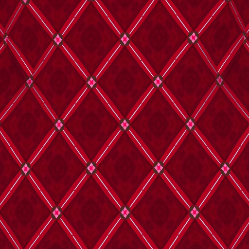 Create a repeating diamond pattern with red and pink colors, include white dashed lines intersecting, shot with a Canon EOS R5 at f/8, ISO 100, 50mm lens, top-down view in high dynamic range style to enhance clarity and vibrancy.