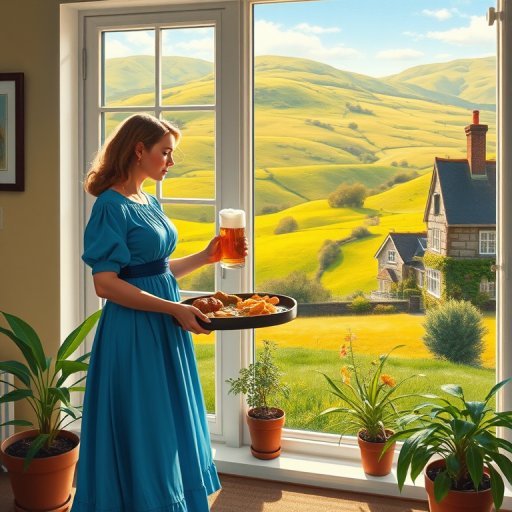 In "A Glass of Beer on the Highland," a serene scene is depicted in a sunlit room where a woman in a vibrant blue dress stands by a large window. She holds a tray with a hearty meal and a frothy glass of beer, embodying a moment of relaxation. Outside, the breathtaking highland landscape features rolling green hills and a charming traditional house, all bathed in warm afternoon light. The interior is adorned with potted plants, creating a harmonious blend of comfort and nature. The painting beautifully captures the tranquility and joy found in simple pleasures amidst stunning scenery