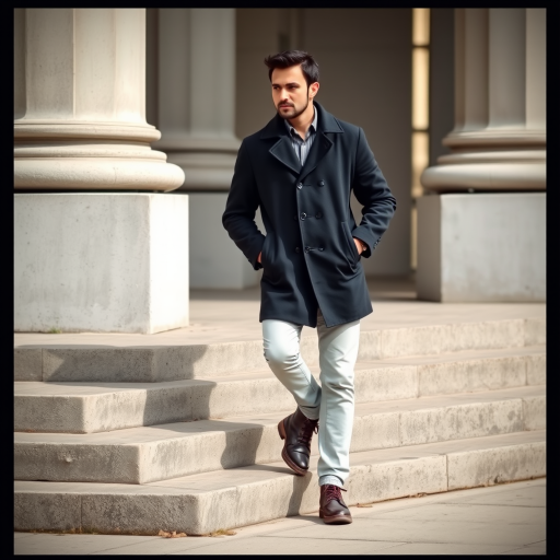 Regenerate the image of a man leaning against a concrete step, wearing a dark coat and light pants, with a shallow depth of field, using a full-frame camera with a 50mm lens at f/1.8, ISO 100, and a shutter speed of 1/200s, in natural daylight.