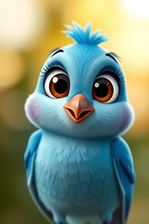 Create a cartoon-style image of a cute blue bird with big eyes and a small beak, using a shallow depth of field for a soft background, captured with a DSLR camera at f/2.8, 50mm lens, and a bright natural light setting.