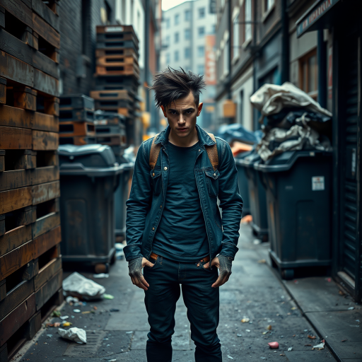 generate an ultra-realistic, highly detailed photograph of a punk. he's standing still, looking menacingly at the camera. he's in a narrow, dirty London street. there are wooden crates stacked up. overflowing rubbish bins, rubbish on the ground.
