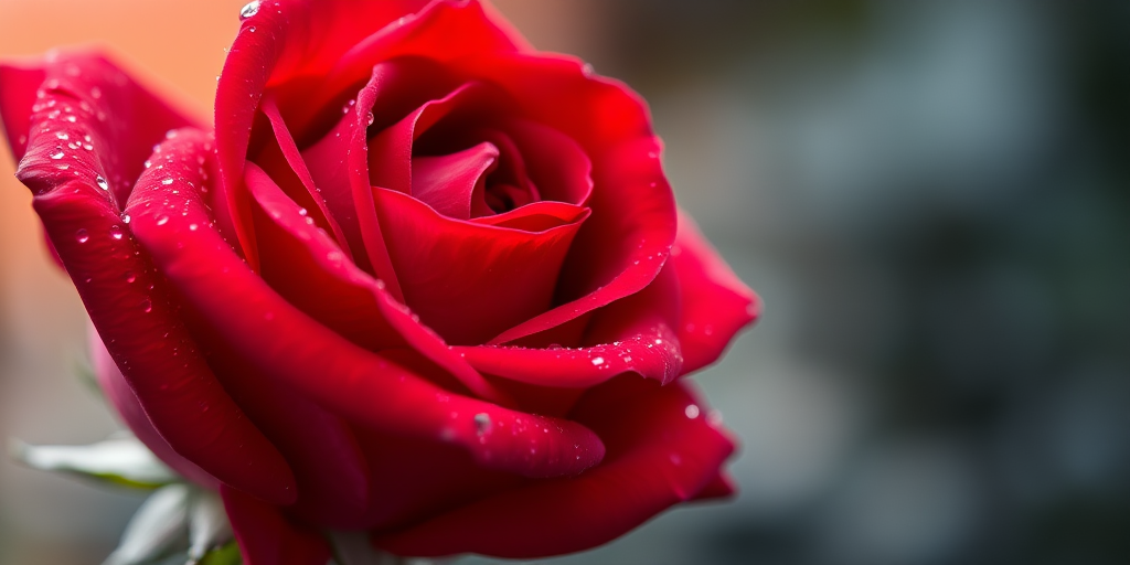 Close-up shot of a vibrant red rose with dewdrops, soft bokeh background, aperture f/2.8, ISO 100, shutter speed 1/200s, taken with a DSLR camera using a macro lens.