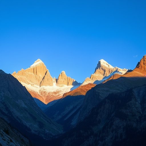 Generate a vibrant landscape image of dramatic mountain peaks under a clear blue sky, taken with a DSLR camera at f/8 aperture, ISO 100, and a shutter speed of 1/250s, wide-angle lens at 24mm, with a low-angle view to enhance depth and perspective.
