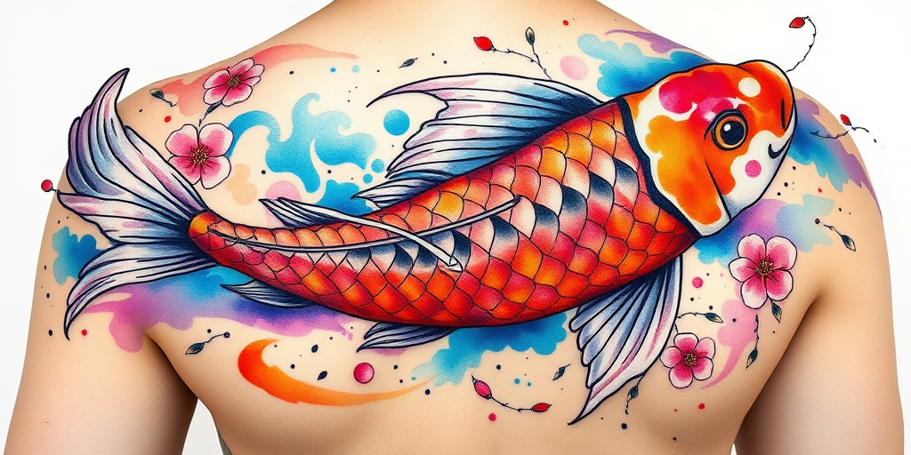 Vibrant watercolor koi fish tattoo, "Aquatic Symphony," featuring swirling hues of blue, orange, and purple, with delicate black outlines and splashes of white for highlights, incorporating traditional Japanese elements like cherry blossoms and waves, designed to flow gracefully across the upper back and shoulders