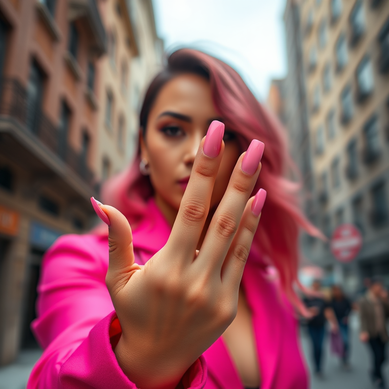 A portrait of a woman in a vibrant pink outfit showing her long pink nails, background featuring blurred urban architecture, captured with a Canon EOS R5 at f/2.8, ISO 100, 50mm lens, natural light, focus on the hand in the foreground.