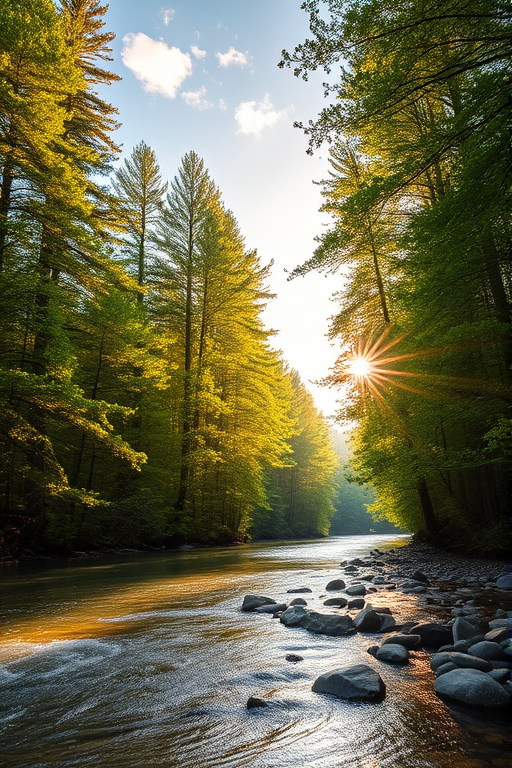Create an image of a serene, sunlit forest scene with a clear, gently flowing river. Tall trees with lush green foliage line both sides of the river, their leaves bathed in the warm golden light of the setting or rising sun. The sunlight filters through the trees, casting soft, dappled light on the river, which flows over smooth rocks and pebbles, creating a peaceful, natural atmosphere. The sky is bright with a few scattered clouds, and the overall mood is tranquil, evoking a deep sense of connection with nature. The image captures the beauty of a calm, pristine forest landscape at either dawn or dusk.