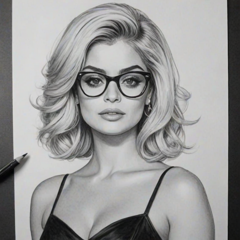 Captivating Bebe Rexha, pencil sketch, portrait of Ravishing woman 1955s in glasses, hair style beatnik, outline, clear lines, fine lines, 8k