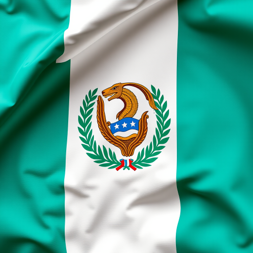Create an image of the Guatemalan flag with vibrant colors and intricate details of the coat of arms, shot with a DSLR camera at f/8 aperture, ISO 100, 24mm focal length, and a slight HDR effect for enhanced clarity.