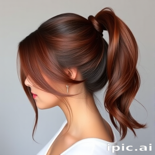 Chic hair style revealing a sleek high ponytail with a wrapped base and face-framing tendrils in a rich mahogany shade