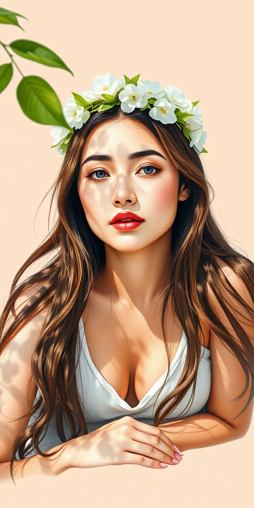 create a watercolor painting of an ethereal portrait of beautiful Tajik woman with a simple white flower crown on her head. Her hair is long and she is lying on the ground. The sunlight on the trees casts shadows from the leaves on her face and body. The background is a neutral brown color that matches her skin tone. The image is minimalist and solid colors. This style is characterized by soft, delicate brushstrokes and a light, airy, contrasting color palette. High level of detail and play of light