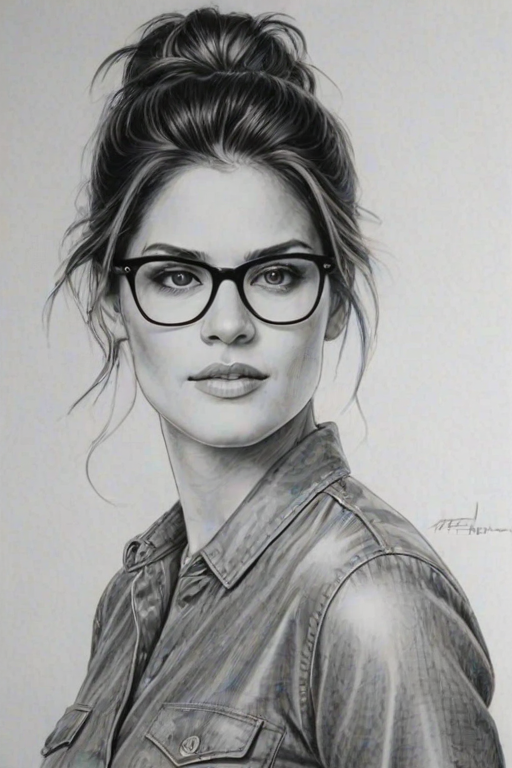 Attractive Missy Peregrym, pencil sketch, portrait of Stunning woman 1980s in glasses, hair style beatnik, outline, clear lines, fine lines, 8k