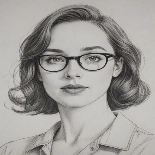 Delightful Zoe Lister-Jones, pencil sketch, portrait of Fetching woman 1951s in glasses, hair style beatnik, outline, clear lines, fine lines, 8k