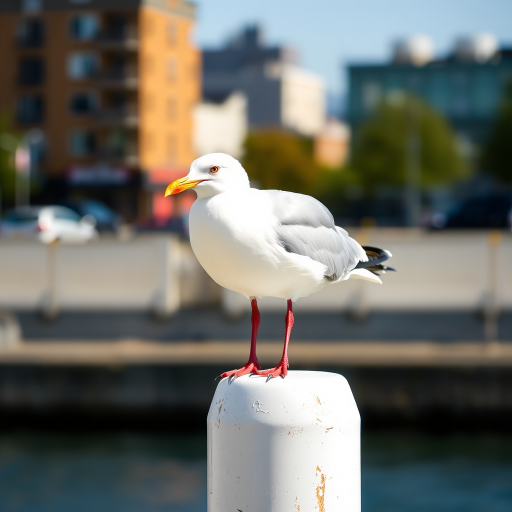 Capture a close-up of a seagull standing on a white post with a shallow depth of field, using a 50mm lens, f/2.8 aperture, ISO 100, and a shutter speed of 1/2000s, in bright daylight with a blurred urban background.