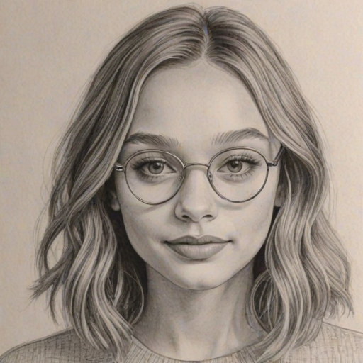 Attractive Maddie Ziegler, pencil sketch, portrait of Splendid woman 1961s in glasses, hair style beatnik, outline, clear lines, fine lines, 8k