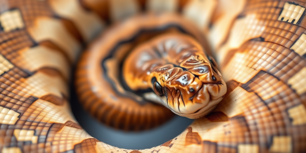 Capture a close-up of a brown python curled up, showcasing its intricate scale patterns, using a Canon EOS 5D Mark IV camera, 100mm macro lens, aperture f/2.8, ISO 200, and natural lighting for enhanced detail and texture.