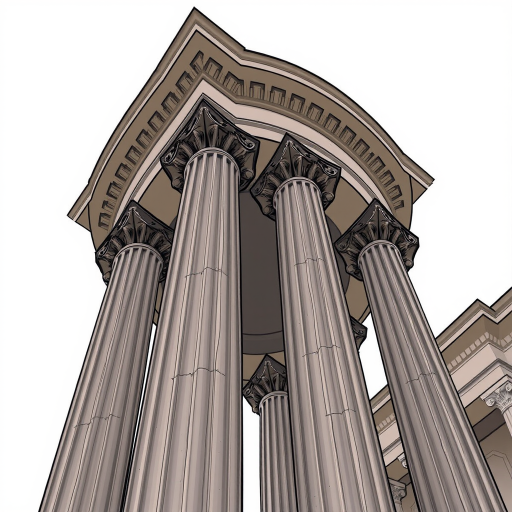 Create a highly detailed illustration of a classical column with fluted design, captured from a low angle view, using a DSLR camera with a focal length of 50mm, aperture set to f/8 for depth of field, and a resolution of 24MP to enhance image quality.