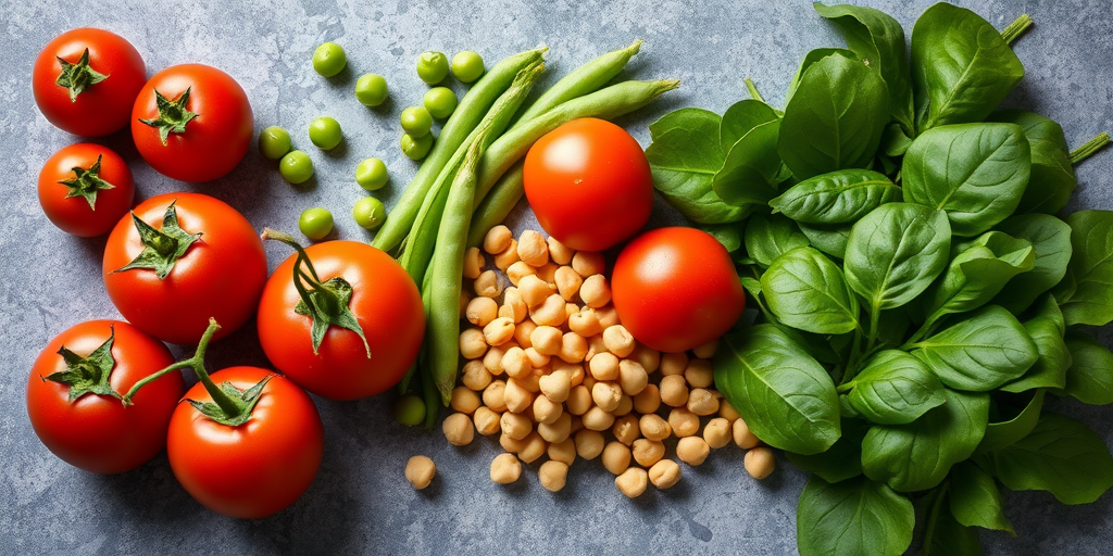 A vibrant arrangement of fresh vegetables including tomatoes, green peas, chickpeas, and spinach on a textured gray backdrop, captured with a Canon EOS 5D Mark IV, 50mm lens, f/2.8 aperture, and natural lighting.