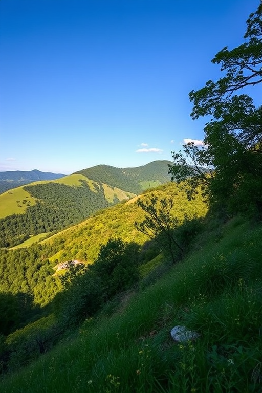 Regenerate an image of a scenic landscape featuring lush green hills and a clear blue sky, captured with a Canon EOS 5D Mark IV, 50mm lens, f/8 aperture, ISO 100, at a focal length of 50mm, utilizing a wide-angle view for enhanced depth and clarity.