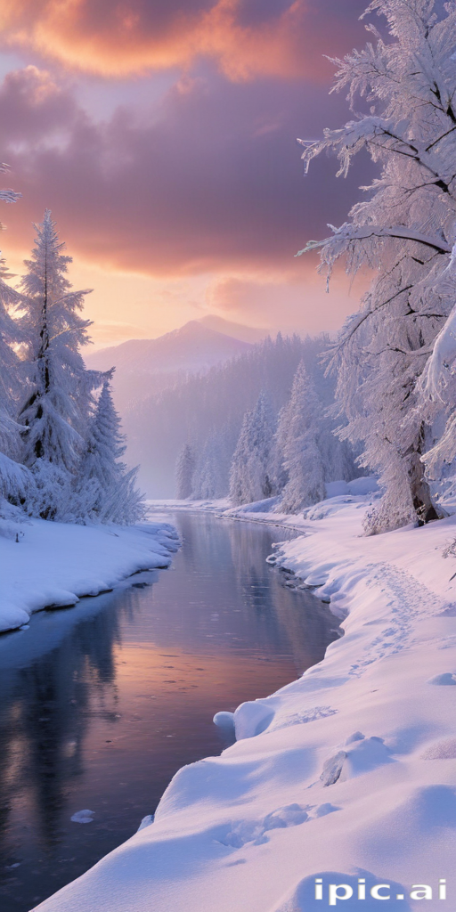 Serene Winter Landscape with Snow-Covered Trees and Reflective River at ...