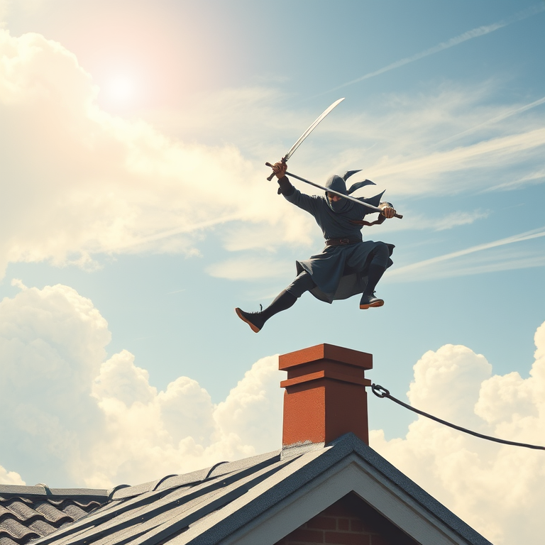 Create an illustration of a ninja jumping over a rooftop with a sword drawn, captured using a Canon EOS R5 with a 24-70mm f/2.8 lens at f/4, ISO 100, 1/500s, in a dynamic angle to emphasize motion and action, with a bright sky and soft clouds in the background.