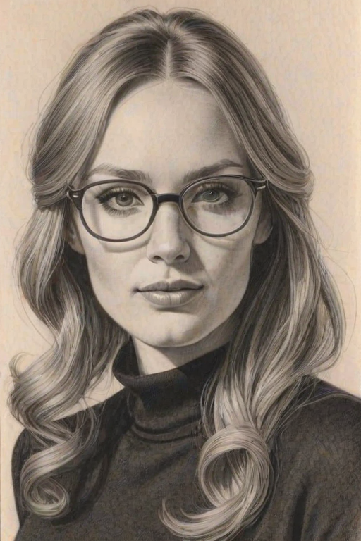 Appealing Clare Grant, pencil sketch, portrait of Magnificent woman 1975s in glasses, hair style beatnik, outline, clear lines, fine lines, 8k