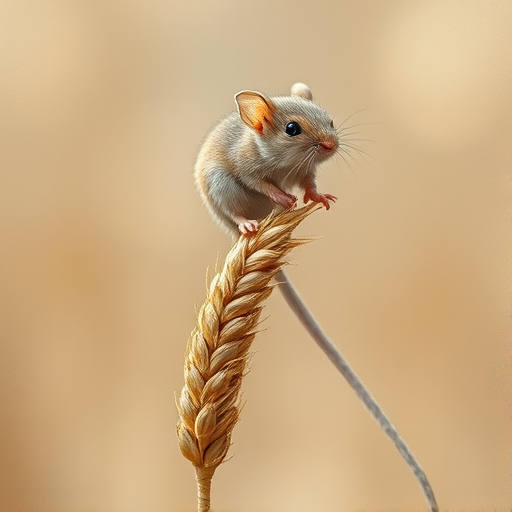 Soft, muted Alcohol Ink with ebru effect background image of tiny whimsical mousey, who climbed high on the top of a golden rye ear.