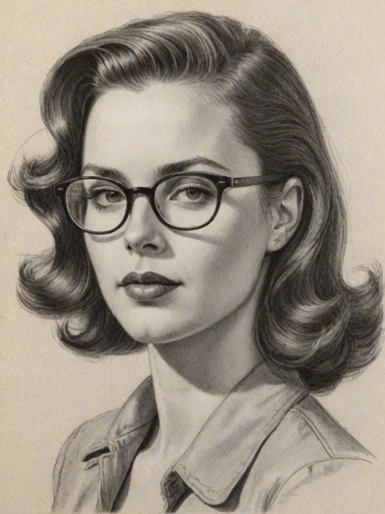 Graceful Tanya Chisholm, pencil sketch, portrait of Sublime woman 1946s in glasses, hair style beatnik, outline, clear lines, fine lines, 8k