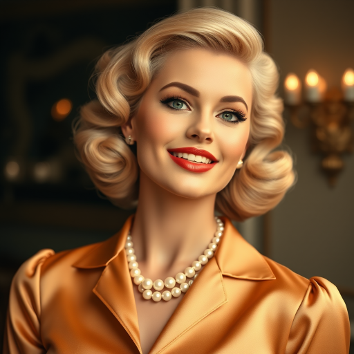 A beautiful woman reminiscent of 1950s Hollywood glamour, with perfectly styled blonde hair and a seductive smile, dressed in a satin blouse and adorned with pearls, soft and warm tones, photorealistic, 8K