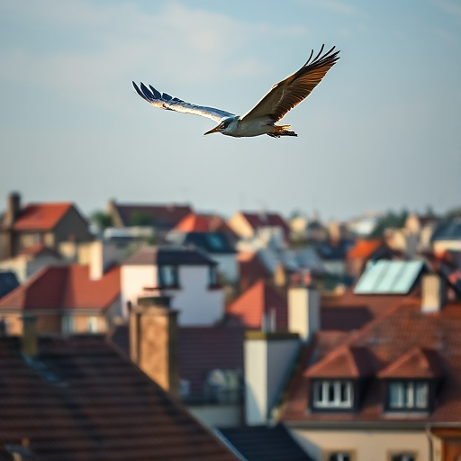 Capture a high-resolution image of a heron flying above a cityscape with traditional rooftops, using a DSLR camera, shot at 200mm focal length, f/4 aperture, ISO 100, and a shutter speed of 1/1000 sec for sharpness and clarity.