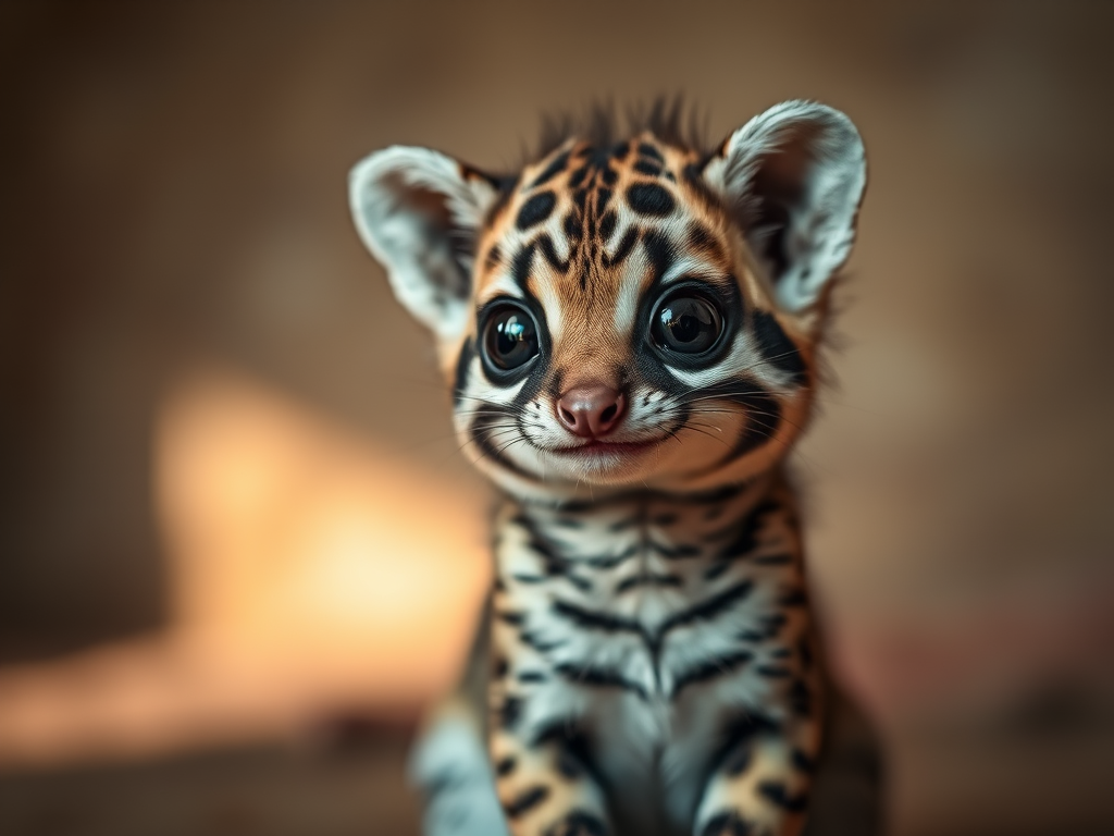 A cute striped animal with big eyes sitting in a softly lit environment, focus on its fur texture, using a Canon EOS R5 camera, 50mm f/1.2 lens, aperture priority mode, ISO 100, shallow depth of field, soft bokeh background.