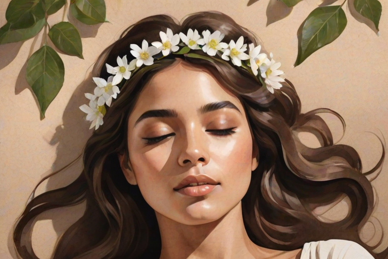 create a watercolor painting of an ethereal portrait of beautiful Hispanic woman with a simple white flower crown on her head. Her hair is long and she is lying on the ground. The sunlight on the trees casts shadows from the leaves on her face and body. The background is a neutral brown color that matches her skin tone. The image is minimalist and solid colors. This style is characterized by soft, delicate brushstrokes and a light, airy, contrasting color palette. High level of detail and play of light