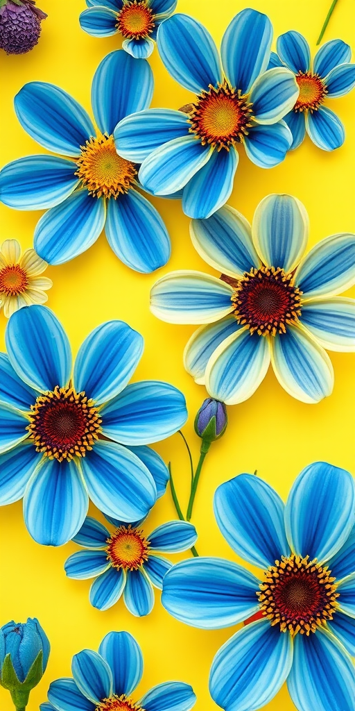 Create a vibrant floral border illustration featuring large blue and yellow flowers with circular centers on a soft yellow background, shot with a Canon EOS R5 at f/5.6, 1/125s, ISO 100, using a macro lens for close-up detail and vivid colors.