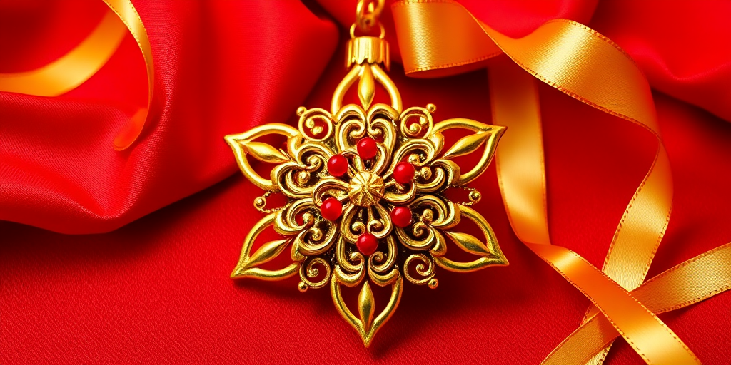 Generate an image featuring a decorative gold star ornament with intricate swirls and red beads, set against a rich red background with shimmering fabric and golden ribbon accents. The focus should be on the ornament's details and its festive appeal.