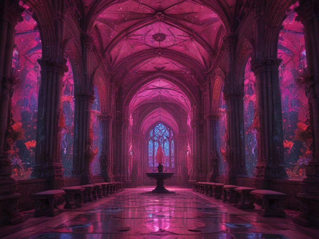 psychedelic visual arts, gothic pink, multi color elements, lsd visuals ...