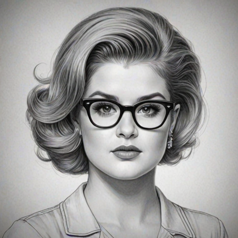 Dazzling Kelly Osbourne, pencil sketch, portrait of Attractive woman 1940s in glasses, hair style beatnik, outline, clear lines, fine lines, 8k