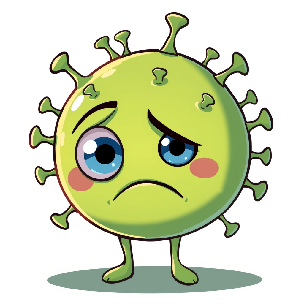Create a cartoon-style illustration of a green virus character with big blue eyes and a sad expression, surrounded by a soft green halo, using a high-resolution digital camera with a 50mm lens, aperture f/2.8, 1/125 sec shutter speed, and natural lighting for enhanced image quality.