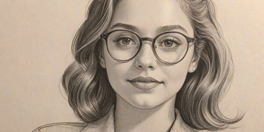 Radiant Kenzie Ziegler, pencil sketch, portrait of Radiant woman 1948s in glasses, hair style beatnik, outline, clear lines, fine lines, 8k