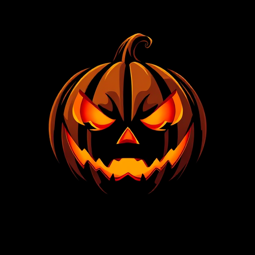 Create a digital illustration of a menacing jack-o'-lantern face against a solid black background, using a high-resolution setting of 300 DPI, shot with a wide-angle lens at f/2.8 to create a dramatic bokeh effect, in a clean vector art style.
