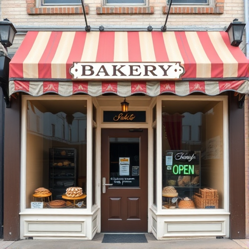 A quaint bakery storefront with a striped awning, featuring a prominent sign that says "BAKERY" above the door, large window displays showing baked goods, a visible "OPEN" sign hanging in the window, shot with a DSLR camera at f/8 aperture, 24mm lens, ISO 100, daylight, front view.
